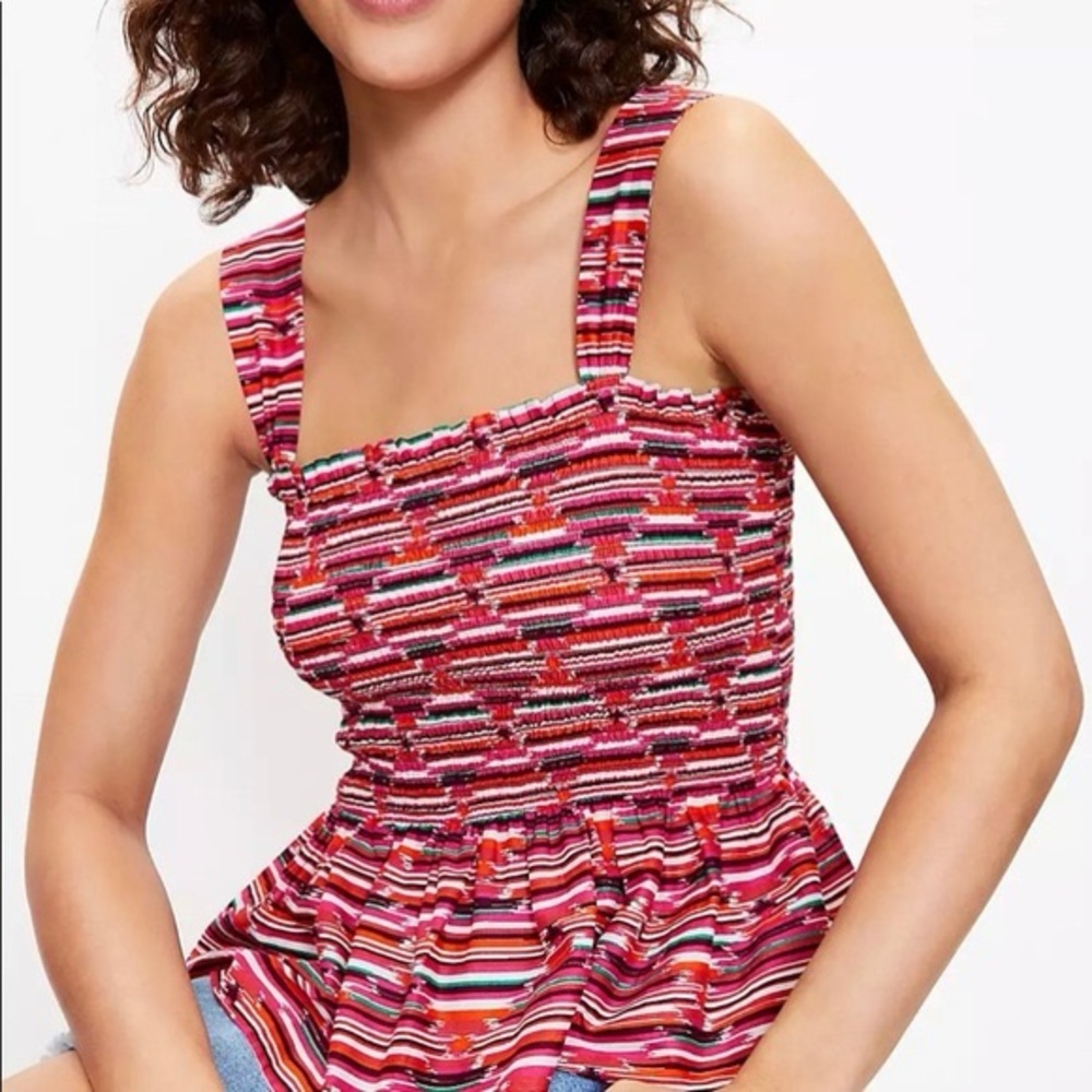Loft Pink Purple Ikat Smocked Peplum Cami Tank Top Blouse Square Neck XS - Picture 1 of 10